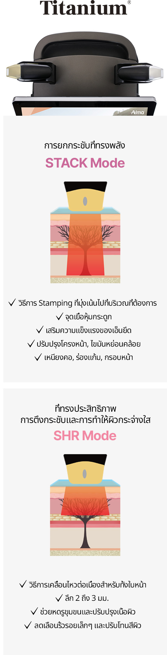 การยกกระชับที่ปรับให้เหมาะสมกับแต่ละส่วนเป้าหมายการรักษา ด้วย 2 โหมดการทำงาน การใช้ Stack Mode & SHR Mode เพื่อแก้ไขปัญหาผิวหลายอย่างในครั้งเดียว
