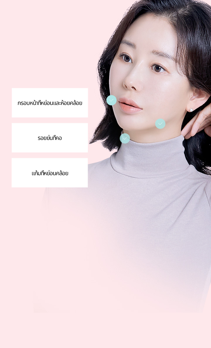 แนะนำสำหรับกรณีต่อไปนี้  1 ผู้ที่ต้องการบรรเทารอยย่นลึกที่คอและกรอบหน้าไปพร้อมกัน 2 ผู้ที่มีรอยย่นที่คอจำนวนมากและยากต่อการขจัดริ้วรอย 3 ผู้ที่รู้สึกว่าใบหน้าดูใหญ่ขึ้นและไม่เรียบเนียนเมื่ออายุมากขึ้น 4 ผู้ที่ไม่ได้รับผลลัพธ์ที่ชัดเจนน่าพึงพอใจจากการทำเลเซอร์หรือร้อยไหม