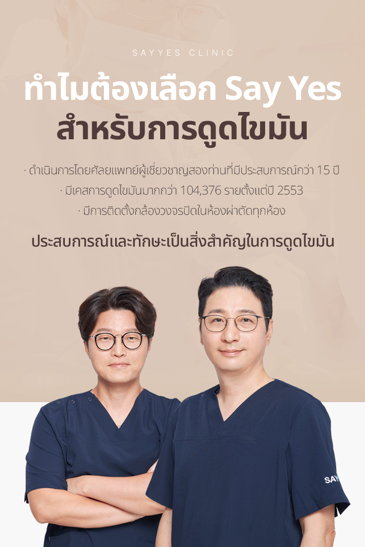 ทำไมต้องเลือก Say Yes สำหรับการดูดไขมัน ·	ดำเนินการโดยศัลยแพทย์ผู้เชี่ยวชาญสองท่านที่มีประสบการณ์กว่า 15 ปี  มีเคสการดูดไขมันมากกว่า 104,376 รายตั้งแต่ปี 2553 มีการติดตั้งกล้องวงจรปิดในห้องผ่าตัดทุกห้อง ประสบการณ์และทักษะเป็นสิ่งสำคัญในการดูดไขมัน