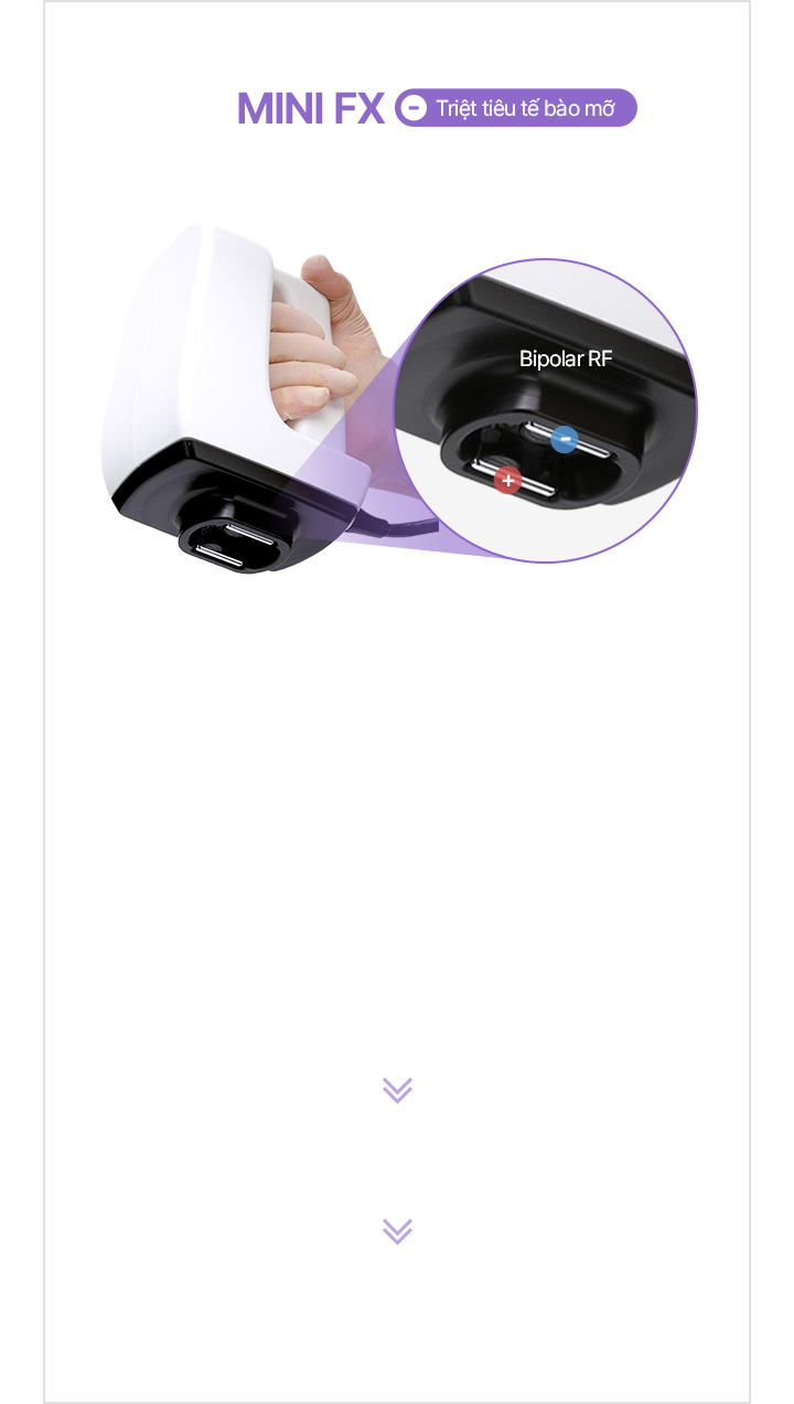 Áp dụng kỹ thuật chân không cho vùng trị liệu mục tiêu để truyền nhiệt năng (RF) đồng nhất Điện năng được truyền tới các tế bào mỡ để phá vỡ màng tế bào Các tế bào mỡ bị phá vỡ sẽ được thải ra ngoài sau 2 đến 4 tuần để giảm mỡ hiệu quả
