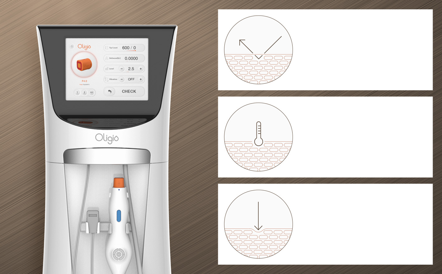 3 Checking Systems : Năng lượng đầu ra được tối ưu hóa nhờ cơ chế kiểm tra dòng điện có thấm vào mô mượt hay không. Ngăn ngừa các tác dụng phụ ví dụ như bỏng nhờ cơ chế kiểm tra nhiệt tiếp xúc bề mặt da thời gian thực Chỉ hoạt động ở mức áp suất tối ưu để đảm bảo an toàn