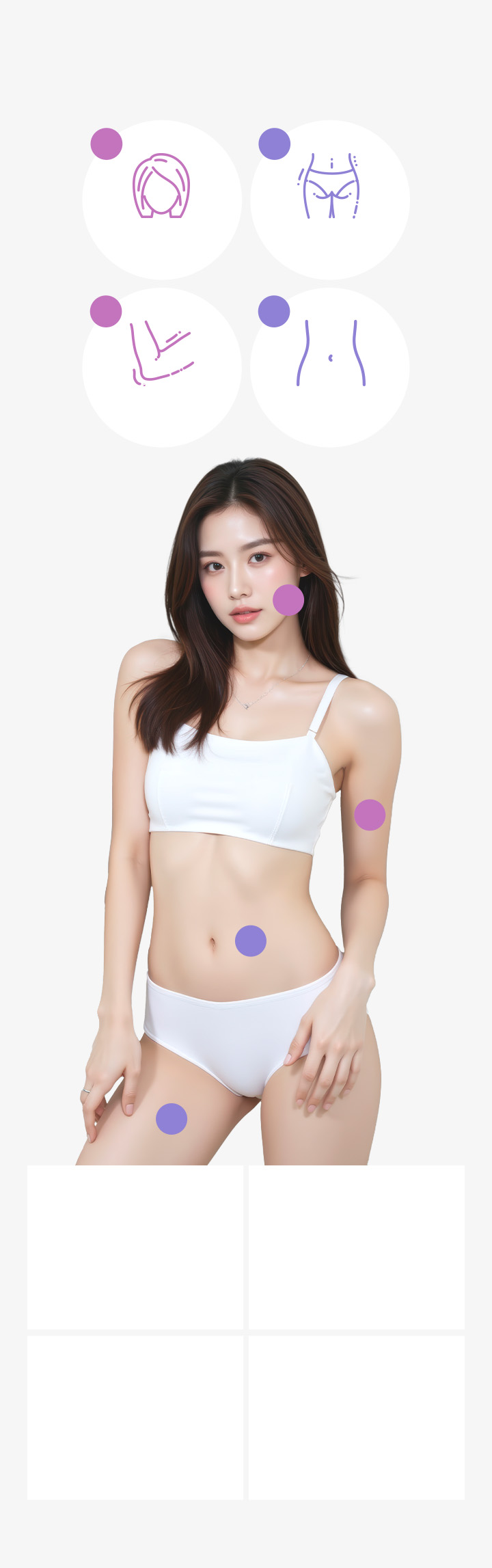 Vùng có thể áp dụng ONDA Lifting Nâng cơ mặt Lưng, đùi sauCánh tay Vùng bụng