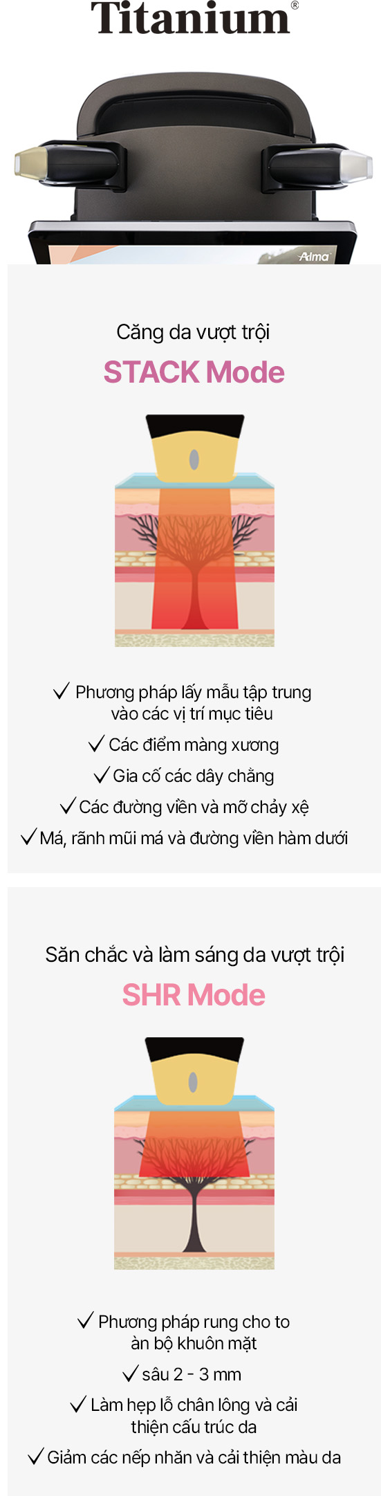 Căng da tùy biến cho từng vùng mục tiêu với hai chế độ Chế độ Stack & Chế độ SHR để cải thiện các vùng da khác nhau đồng thời