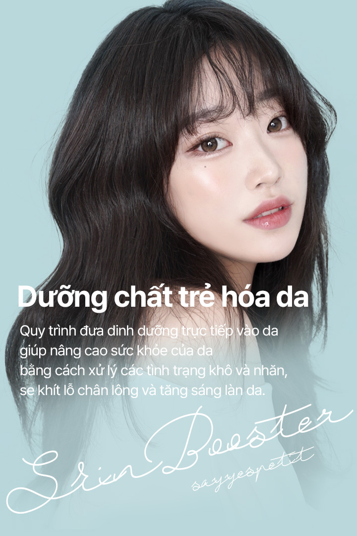 Dưỡng chất trẻ hóa da Quy trình đưa dinh dưỡng trực tiếp vào da giúp nâng cao sức khỏe của da bằng cách xử lý các tình trạng khô và nhăn, se khít lỗ chân lông và tăng sáng làn da.